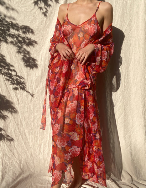 Vintage Christian Dior Red Floral Dress & Robe Set