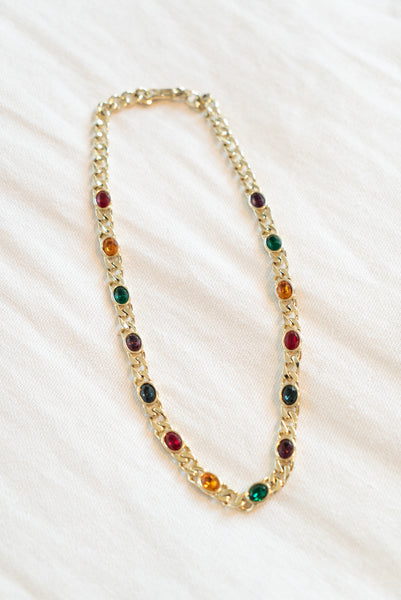 Vintage Rainbow Rhinestoned Gold Chain Necklace
